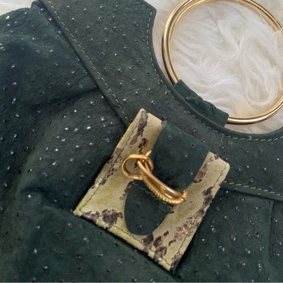 Vegan leather purse dark green w/goldtone “bracelet” ring handle; ostrich, snake - Picture 5 of 14